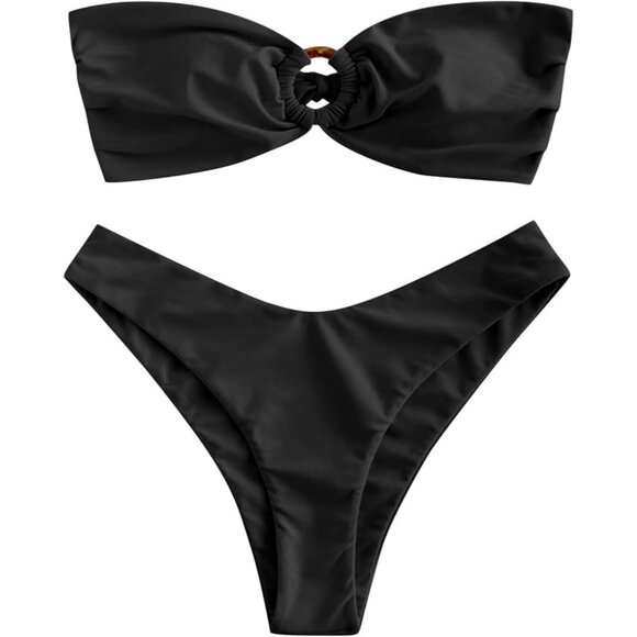 Women Black Bandeau Bikini Set Metallic Tie Side Sexy Bathing Suit Swimwear Women Black Bandeau Bikini Set Metallic Tie Side Sexy Bathing Suit Swimwear